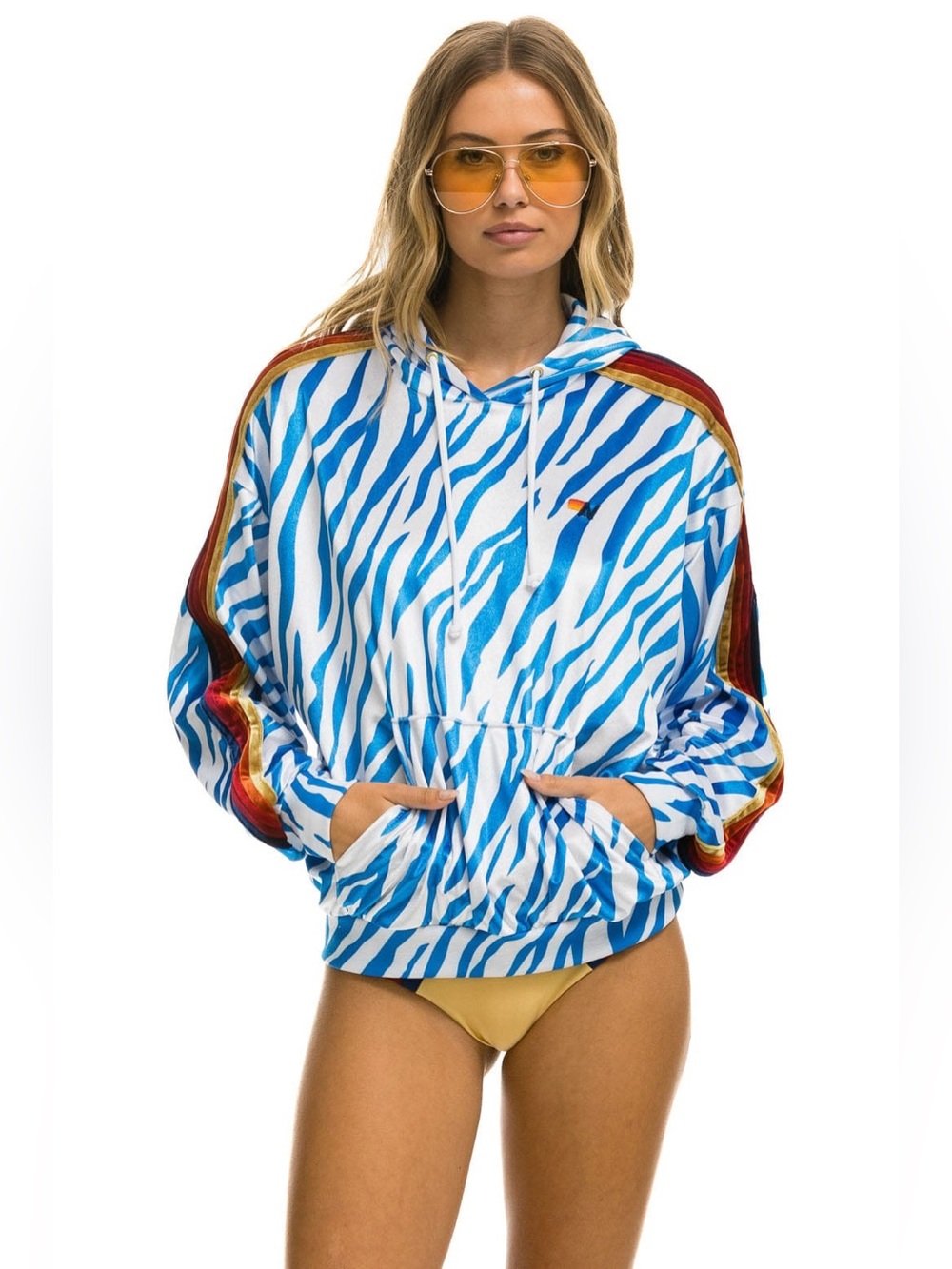 Aviator Nation CLASSIC VELVET RELAXED PULLOVER HOODIE - BLUE TIGER Size Medium